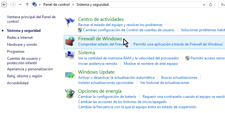Opción "Firewall de Windows" en en Panel de control de Windows 8