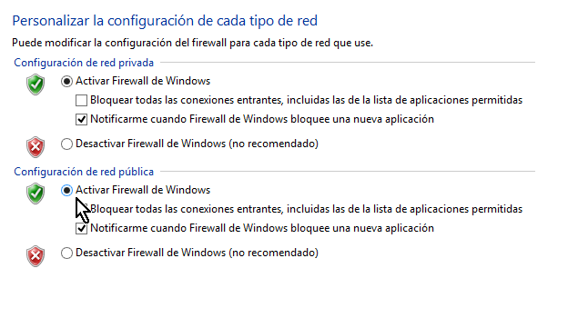 Activar el firewall de Windows 8 para la red pública