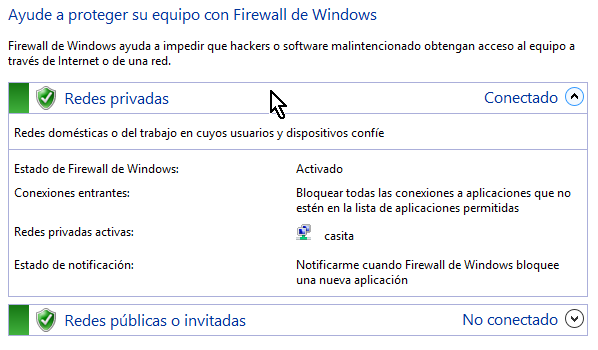 Al activar el firewall de Windows la ventana resalta con tonos verdes