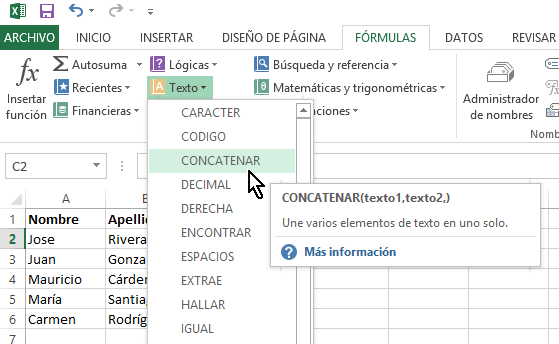 Cómo concatenar en Excel - Selecciona la opción "CONCATENAR"