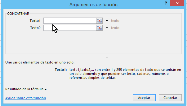 Cómo concatenar en Excel - Ventana de argumentos
