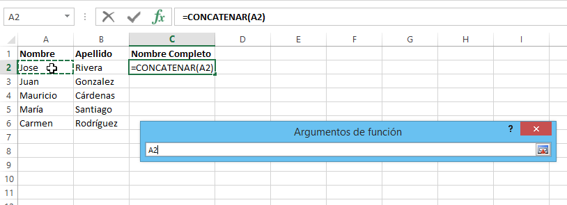 Cómo concatenar en Excel - Elige la celda a concatenar