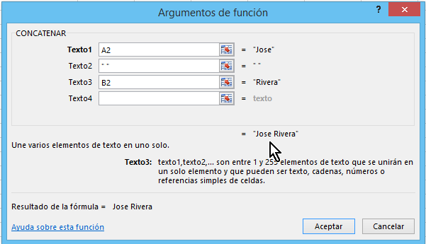 Cómo concatenar en Excel - Añadir espacio y otras celdas