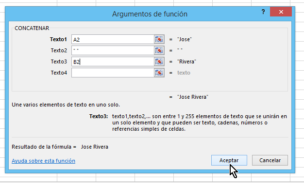 Cómo concatenar en Excel - Dale clic a "Aceptar"