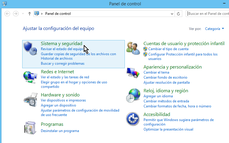 Categoría "Sistema y seguridad" del Panel de Control de Windows 8