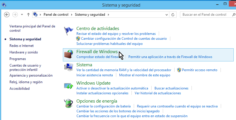 "Firewall de Windows" en el Panel de control de Windows 8