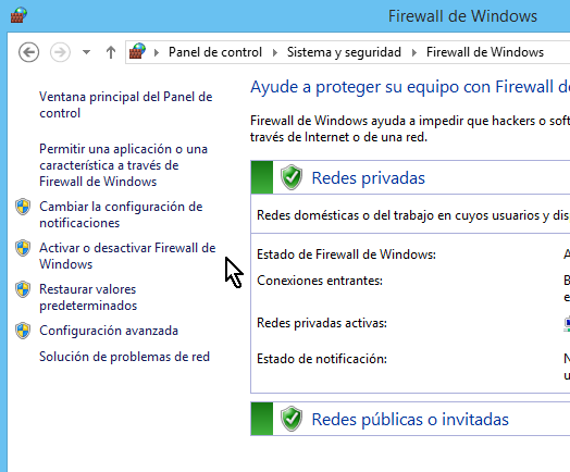 Opción para "Activar o desactivar Firewall de Windows" en Windows 8