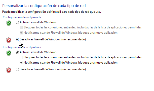 Desactivar el Firewall de Windows en la red privada