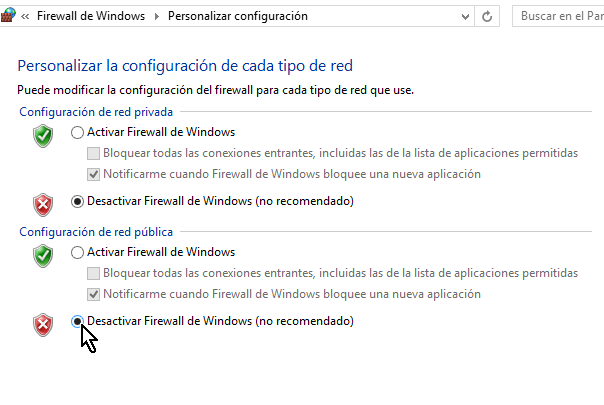 Desactivar el Firewall de Windows en la red pública