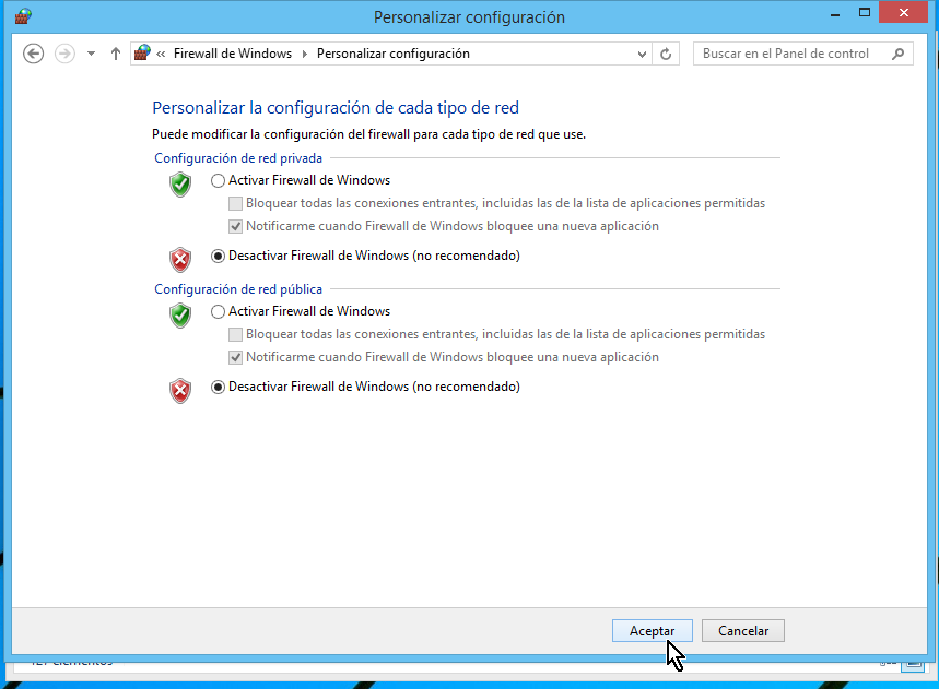 Botón "Aceptar" para desactivar el Firewall de Windows