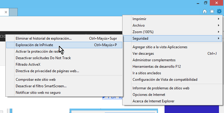 Cómo navegar la web en modo incógnito. Opción de "Exploración de InPrivate" en Internet Explorer.
