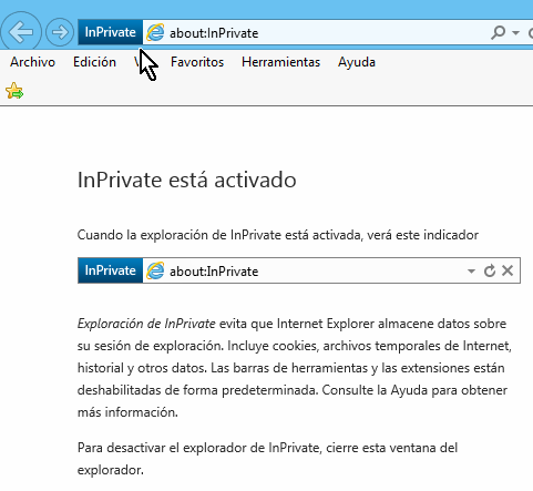Cómo navegar la web en modo incógnito. Ventana en modo InPrivate en Internet Explorer.