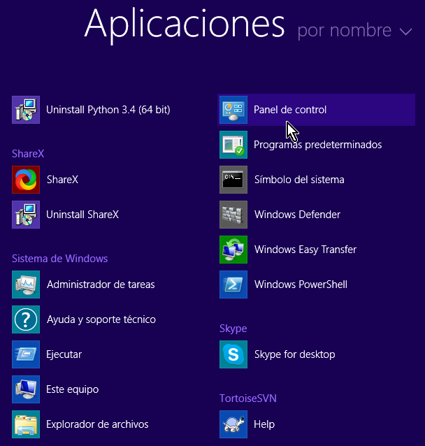 Panel de control en el listado de Aplicaciones de Windows 8