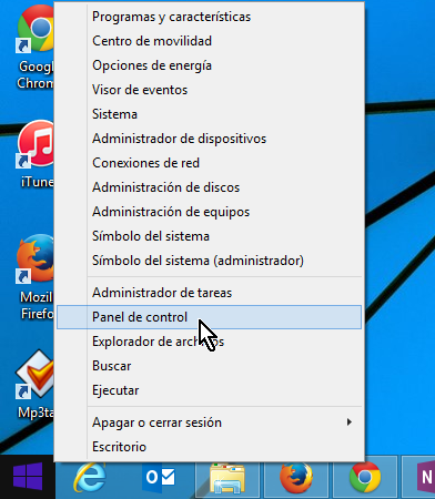 Menú para acceder el Panel del control al darle clic derecho al botón de Windows