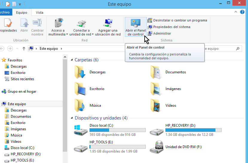 Accediendo el Panel de control desde el Explorador de archivos