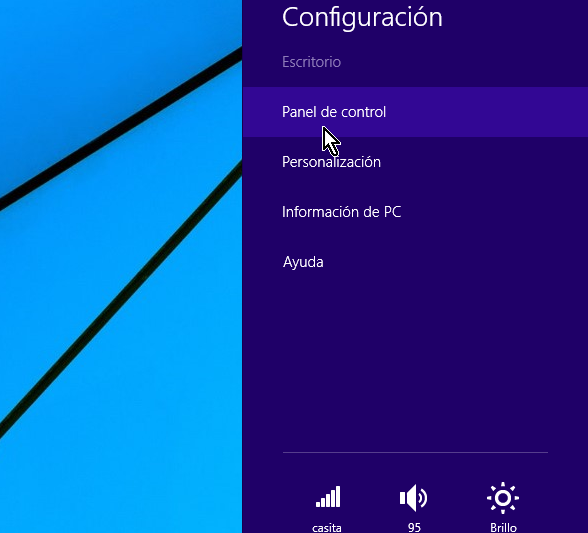 Panel de control desde el menú de Configuración de la Barra de encantos