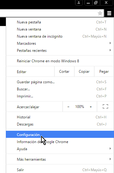 Opción Configuración del menú principal en cómo desinstalar un tema de Google Chrome