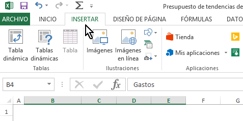 Pestaña Insertar en cómo hacer gráficas de columnas en Excel 2013
