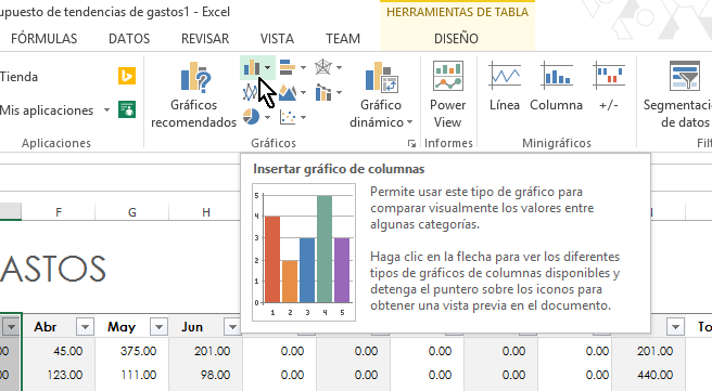 Botón Insertar gráficos de columnas en cómo hacer gráficas de columnas en Excel 2013