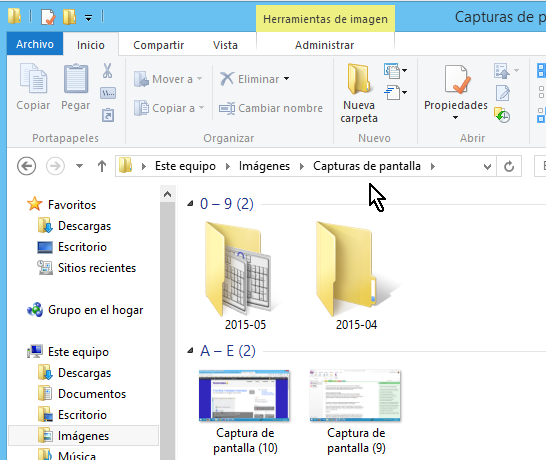 Carpeta donde las capturas de pantalla son almacenadas en varias formas de cómo capturar la pantalla completa