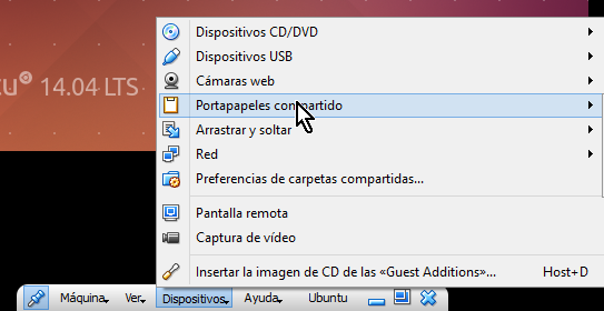 Opción Portapapeles compartido de la barra de herramientas en cómo compartir el portapapeles en VirtualBox