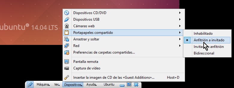 Opciones de compartir portapapeles desde la barra de herramientas en cómo compartir el portapapeles en VirtualBox