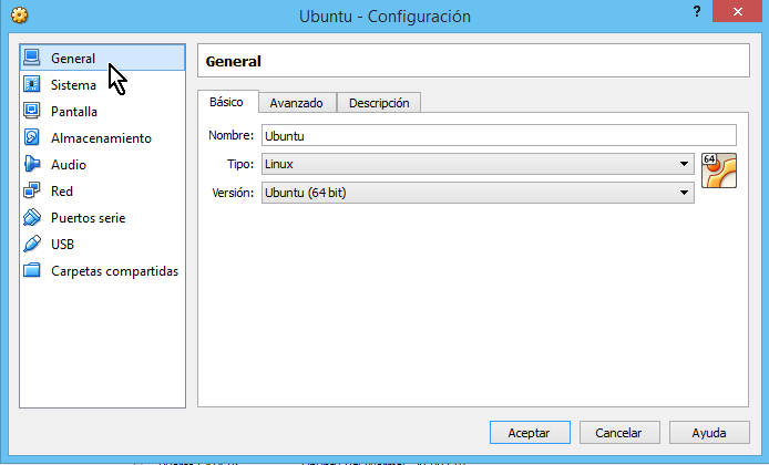 Opción General de Configuración en cómo compartir el portapapeles en VirtualBox
