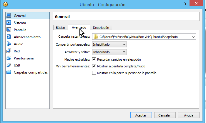 Pestaña Avanzado de la configuración de VirtualBox en cómo compartir el portapapeles en VirtualBox