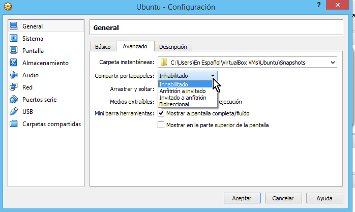 Menú desplegable de Compartir portapapeles en cómo compartir el portapapeles en VirtualBox