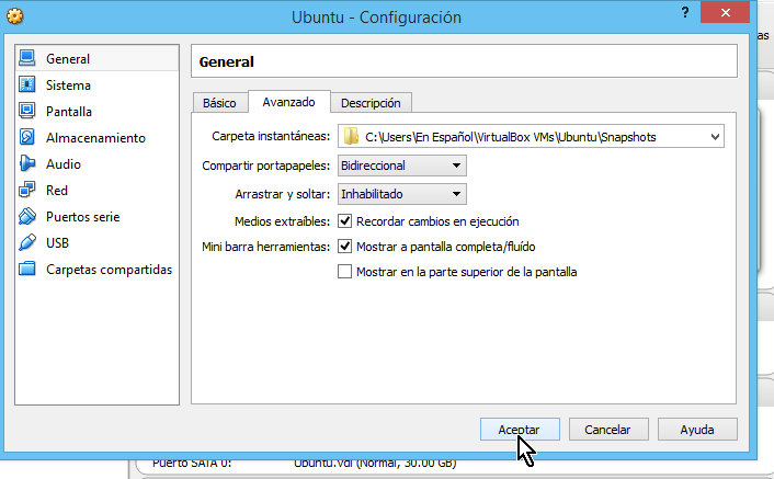 Botón Aceptar para realizar cambios en cómo compartir el portapapeles en VirtualBox