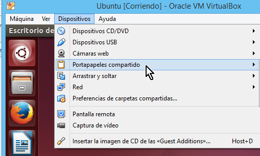 Opción Portapapeles compartido en cómo compartir el portapapeles en VirtualBox
