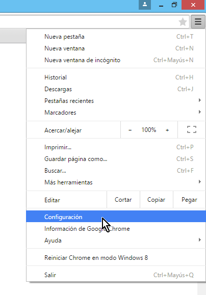 Opción Configuración del menú en cómo configurar Chrome para preguntarme antes de descargar un archivo
