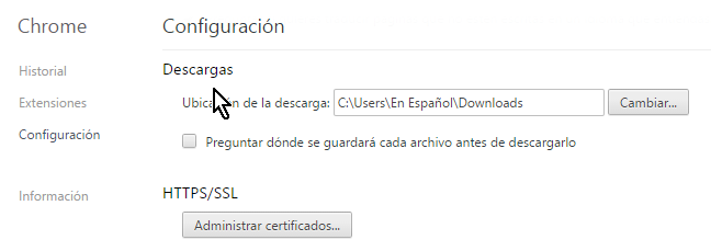 Sección para configurar descargas en cómo configurar Chrome para preguntarme antes de descargar un archivo