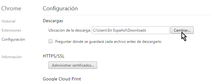Botón para cambiar la carpeta de descarga por defecto en cómo configurar Chrome para preguntarme antes de descargar un archivo