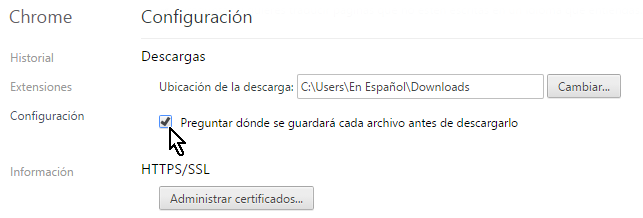 Casilla para indicarle a Chrome que pregunte antes des descargar en cómo configurar Chrome para preguntarme antes de descargar un archivo