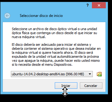 Botón para iniciar la máquina virtual con el ISO de Ubuntu en cómo crear una máquina virtual de Ubuntu en VirtualBox
