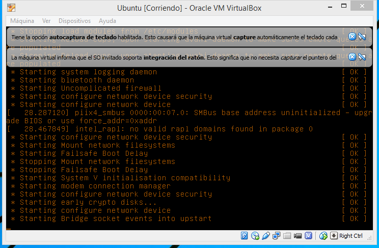 Muestra de mensajes de inicio de Ubuntu en cómo crear una máquina virtual de Ubuntu en VirtualBox