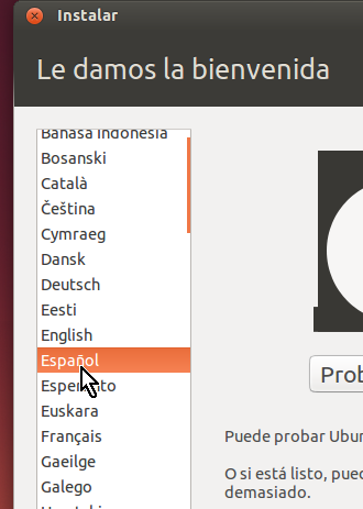 Selección de la instalación de Ubuntu en español en cómo crear una máquina virtual de Ubuntu en VirtualBox