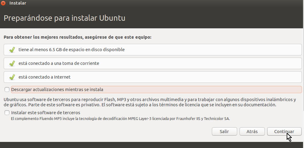 Pantalla para chequeos generales pre-instalación en cómo crear una máquina virtual de Ubuntu en VirtualBox