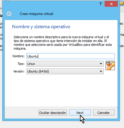 Selección del nombre y el sistema operativo de la nueva máquina virtual en cómo crear una máquina virtual de Ubuntu en VirtualBox