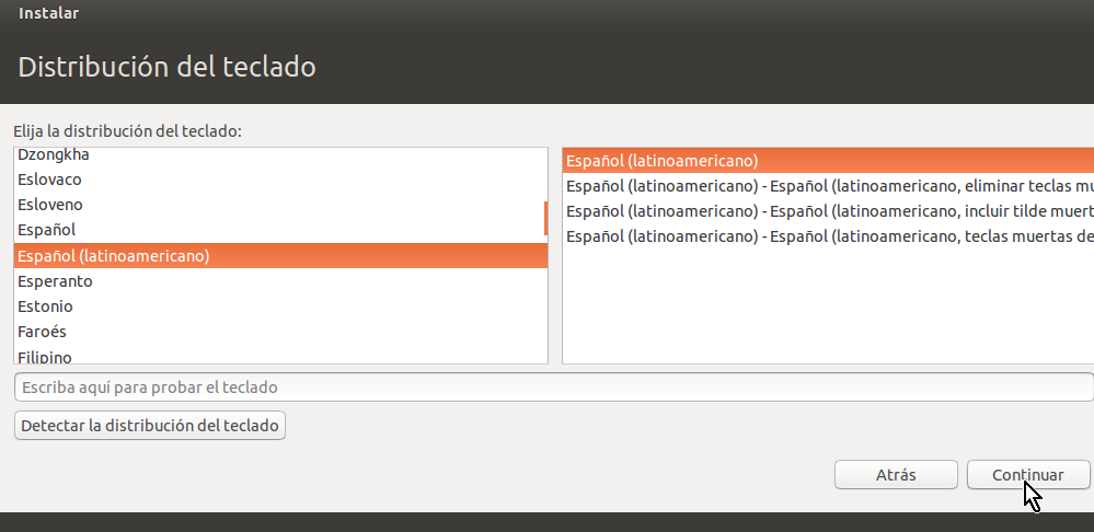 Selección del teclado en cómo crear una máquina virtual de Ubuntu en VirtualBox