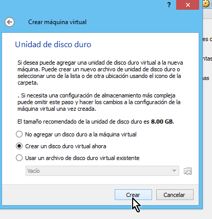Botón para crear el disco curo virtual en cómo crear una máquina virtual de Ubuntu en VirtualBox