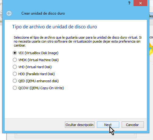 Selección de tipo de disco duro virtual en cómo crear una máquina virtual de Ubuntu en VirtualBox