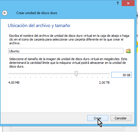 Determinar tamaño y ubicación del disco en cómo crear una máquina virtual de Ubuntu en VirtualBox