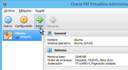 Botón para Iniciar la máquina virtual en cómo crear una máquina virtual de Ubuntu en VirtualBox