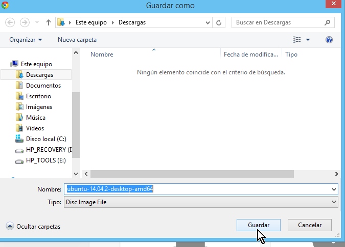 Selección de carpeta para guardar el ISO de Ubuntu en cómo descargar Ubuntu ISO en español gratis