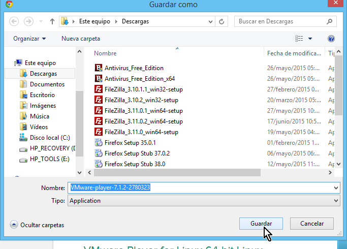 Botón Guardar del navegador en cómo descargar e instalar VMWare en español