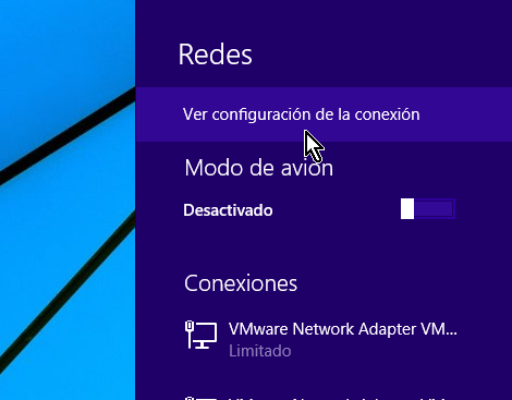 Opción Ver configuración de la conexión en cómo eliminar el perfil de una red Wi-Fi en Windows 8