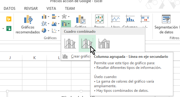 Botón para crear gráfica de Columna agrupada - Línea en eje secundario en cómo hacer una gráfica combinada en Excel 2013