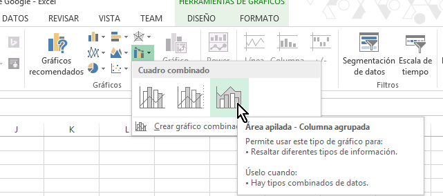 Botón para crear gráfica Área apilada - Columna agrupada en cómo hacer una gráfica combinada en Excel 2013